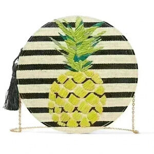 Kayu round straw striped pineapple purse with tassel & chain strap with dust bag